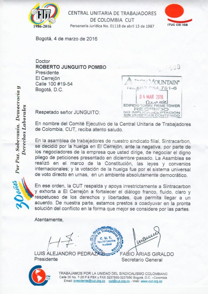 4-03-16 CARTA A PRESIDENTE EL CERREJON